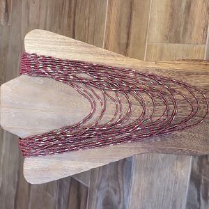 Cascading Waterfall Multi-Strand Seed Bead Burgundy Gold Tone Necklace